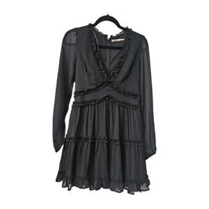 Mi Ami Dress Size M Black Tiered Ruffles V-Neck Back Zip Sheer Sleeves Lined